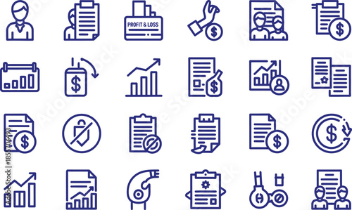Modern line icons for business and finance, including accounting, financial reports, data analysis, profit and loss, investment, and economic management concepts