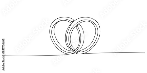 Continuous one line of a intertwined rings forming a heart outline, symbolizing commitment, love, and marriage, hand drawn vector illustration.