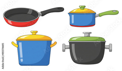 Cute cartoon kitchen cookware vector collection of pans, pots, and saucepans isolated on white background