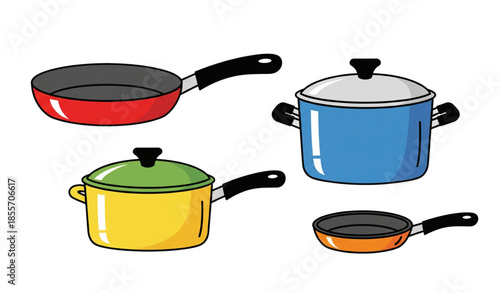 Cartoon kitchen cookware vector set with pans, pots, and saucepans isolated on white background