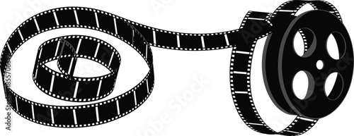 Cinema Film Reel and Filmstrip Illustration Featuring Movie Production, Filmmaking, and Entertainment Concept in Black Vector Style Isolated on White Background