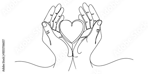 Continuous one line of a simple heart cradle by open hands, representing care and compassion, hand drawn vector illustration.
