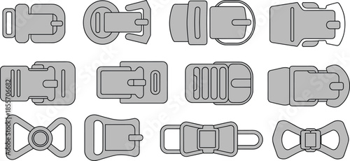 Buckle design collection, fastening mechanism icons, clothing accessory illustration, strap hardware symbols, interlocking clasp set, fashion gear fastener pack