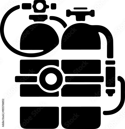 Black scuba diving oxygen tanks icon with regulator and pressure gauge isolated on white for underwater sports, diving school logos, and marine safety equipment design.