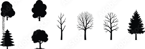 Black silhouette illustrations of diverse tree shapes including deciduous, evergreen, and bare branches, perfect for nature design, education, and decorative projects
