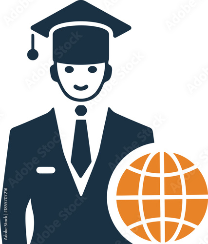 Professional Graduate Icon with Suit and Globe for International Business Education Concept