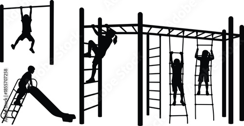 Children playground silhouette, kids climbing monkey bars, outdoor play equipment, active childhood concept, school park fitness activity, adventure fun, recreation design illustration