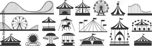 Amusement Park Silhouette Collection Featuring Carnival Rides, Roller Coasters, Ferris Wheels, Carousels, and Circus Tents in Black Vector Illustration Style