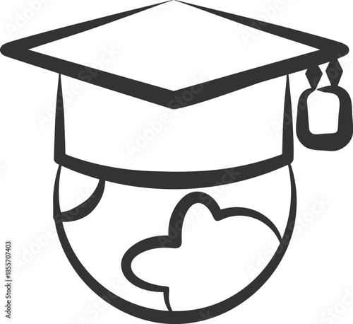 Minimalist line art illustration of a globe wearing a graduation mortarboard cap, symbolizing international education and global student success on a white background.