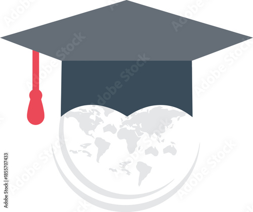 Simple flat design of a dark graduation cap resting on a pale world globe, representing international academic achievement and global higher education standards.
