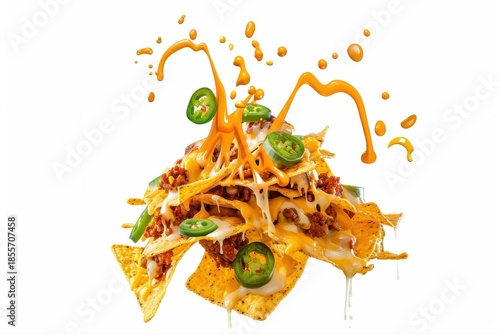 Crispy golden nachos melted cheese spicy beef fresh jalape os dynamic on transparent background