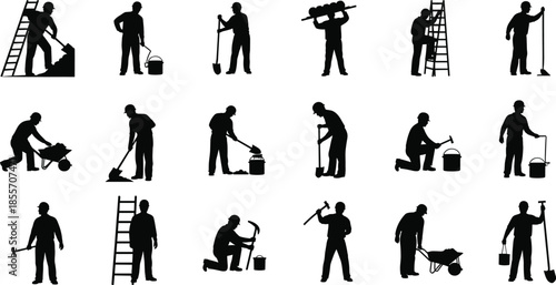 Construction worker silhouettes set with tools ladder shovel wheelbarrow hammer painting cleaning maintenance repair labor industry icons black vector illustration isolated white background collection