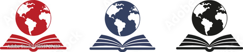 Set of three icons showing a terrestrial globe resting on an open book in red, blue, and black, symbolizing global literacy and international academic foundations.