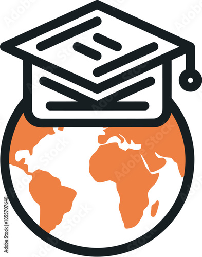 Bold icon of an orange and black world globe wearing a stylized graduation mortarboard, representing global connectivity and academic excellence in higher education.