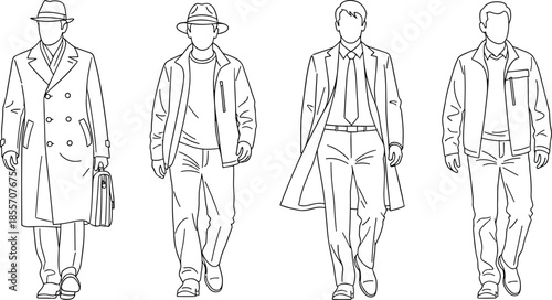 Men fashion illustration set, walking male figures, modern outfit styles, business casual clothing, hand drawn vector line art, minimal people sketch, urban lifestyle design
