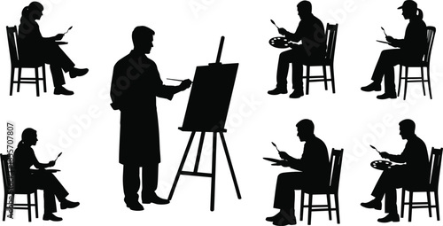 Silhouette artists painting on canvas, creative workshop illustration, painter with easel, art class concept, isolated black figures, studio creativity scene, education, inspiration, teamwork, design
