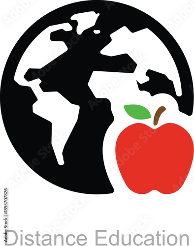 Distance Education Graphic with World Globe and Red Apple on White Background