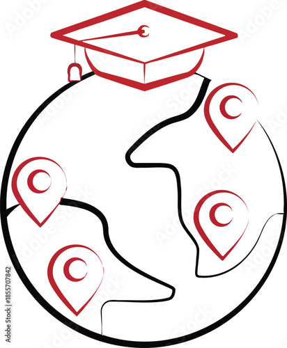 Global Study Locations Icon with World Globe Map Pins and a Graduation Cap