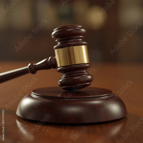 Gavel of Justice: A close-up view of a gavel resting on a wooden block, symbolizing law, justice, and the decisions that shape society. The wooden texture evokes a sense of tradition and authority.