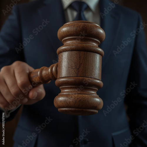 Hammer of Justice: A hand in a suit firmly grasps a gavel, symbolizing authority, law, and order, ready to make a significant judgment. 