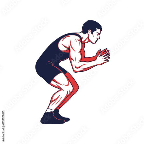 A muscular man in a crouched position wearing a black singlet and shoes with red muscle highlights on a white background. Perfect for fitness, exercise, and sports illustrations.