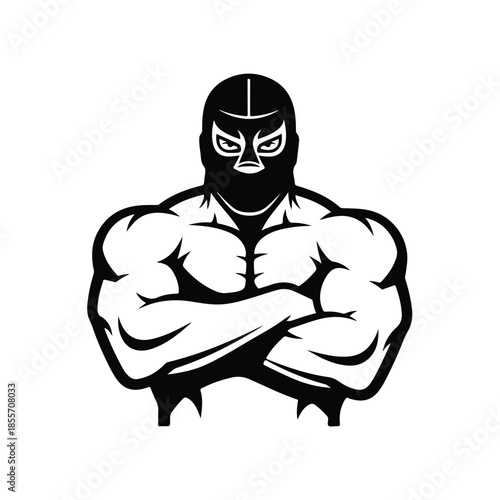A muscular man wearing a wrestling mask with his arms crossed, depicted in a bold black and white graphic illustration on a plain background. Perfect for sports, wrestling, and fitness