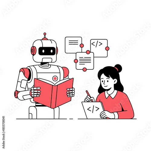 Robot holding textbook while young girl solving coding puzzle  