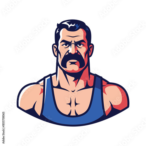 A muscular cartoon man with a beard and mustache wearing a blue tank top, depicted in a bold graphic style with vibrant red and blue tones on a white background. Perfect for posters,