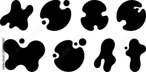 Collection of black organic blob shapes and abstract fluid silhouettes isolated on white background for modern minimalist graphic design, logos, and creative vector art.