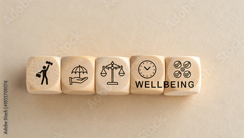 Conceptual wooden blocks representing work-life balance, insurance, justice, time, and social connection in wellbeing