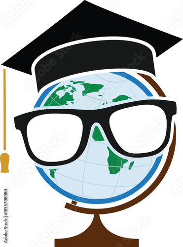 Smart globe illustration wearing a black graduation cap and glasses representing global knowledge and academic success