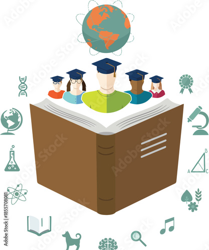 Online education concept illustration with students in mortarboards popping out of a large book surrounded by various school subjects