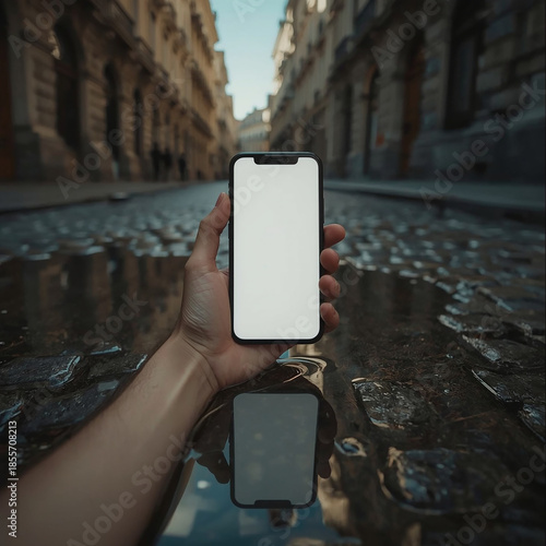 Hand Holding Modern Smartphone: A close-up shot of a hand holding a modern smartphone, showcasing its blank screen against the backdrop of an old European street.