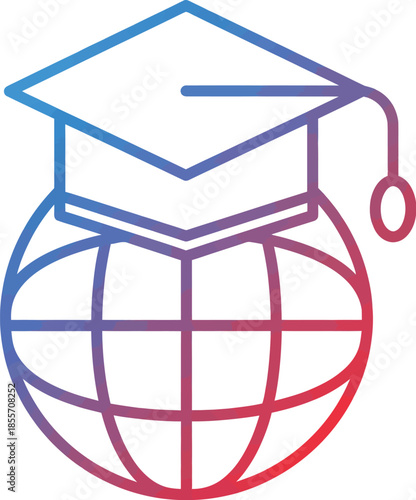 Colorful Gradient Line Icon of a Graduation Mortarboard sitting on a World Globe