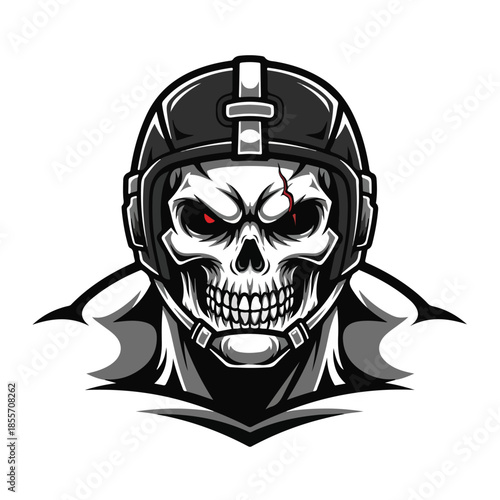 A menacing skull wearing a black football helmet with red eyes, depicted in a monochromatic illustration style on a white background. Perfect for sports, gaming, and apparel designs.