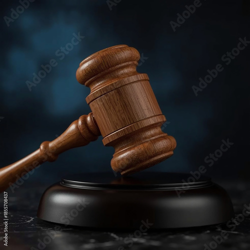 Wooden Gavel in Courtroom: A detailed perspective of a wooden gavel and its sound block, suggesting justice and legal processes. This image evokes concepts of judgment.