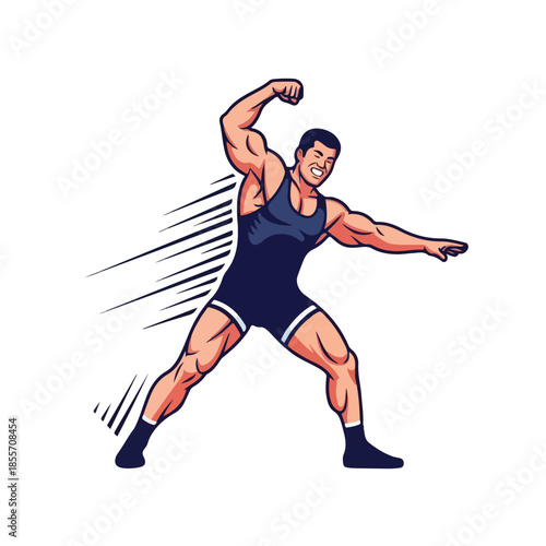 A muscular cartoon man in a wrestling singlet, flexing his arm and standing in a dynamic pose with motion lines behind him, depicted in a comic book-style illustration with bold lines and