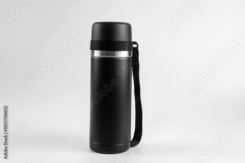 Sleek Black Insulated Thermos Bottle Stainless Steel Travel Mug for Hot on transparent background