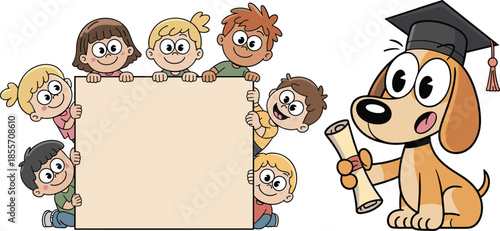 Cartoon children illustration, graduation dog, blank sign, cheerful kids, diploma scroll, education theme, playful vector design, school celebration