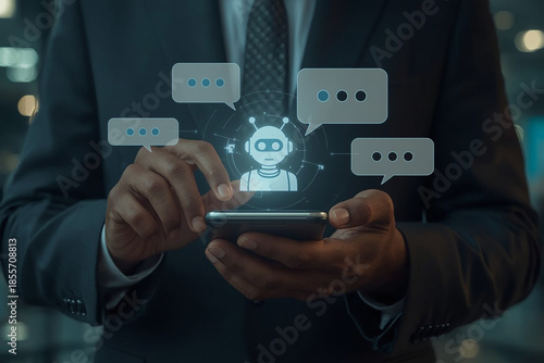 Interactive Digital Assistance: A modern businessperson engages with an intelligent chatbot on a smartphone.
