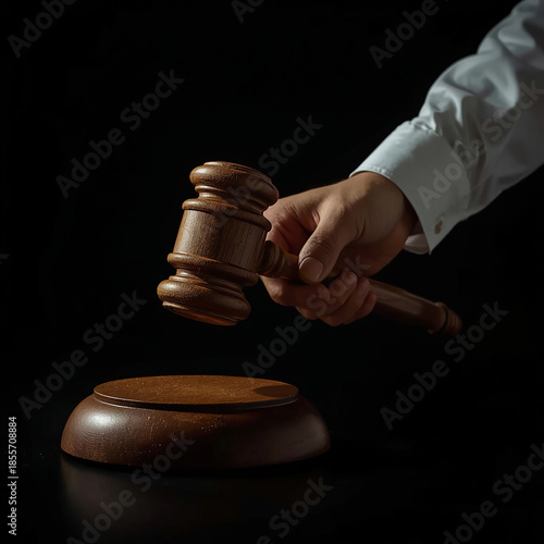 Justice Unleashed: A Hand Raises the Gavel, A Symbol of Authority and the Final Judgment. Capturing the essence of justice and legal decisions.