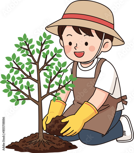 Smiling young gardener planting a small green tree with soil, wearing hat and gloves, environmental conservation concept, outdoor gardening illustration vector
