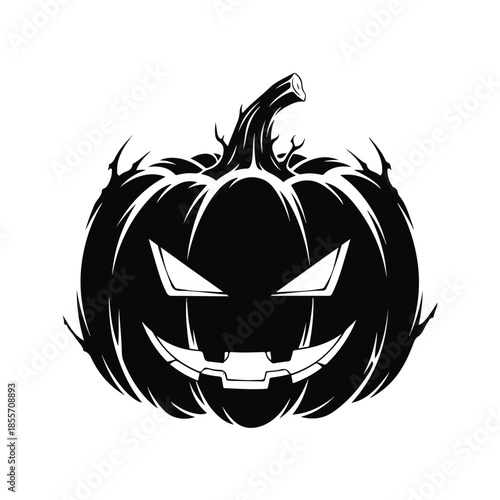 A black and white digital illustration of a jack-o-lantern with a menacing face, presented on a solid white background. Perfect for Halloween decorations, party invitations, and spooky
