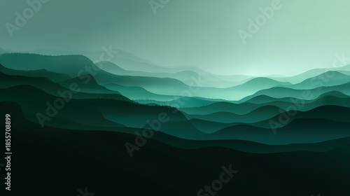 Dark green layered mountain landscape abstract background with smooth gradients and fog for nature banner, poster, or minimal design