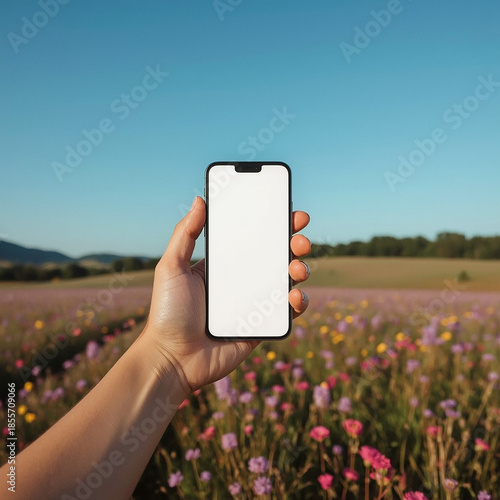Phone Display in Bloom: An individual holds a smartphone with a blank screen against a vibrant backdrop of a colorful flower field, presenting a modern device amid natural beauty.