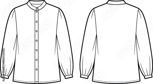 Women’s button down blouse flat fashion sketch, front and back technical drawing of mandarin collar long sleeve shirt with cuffs and simple elegant design