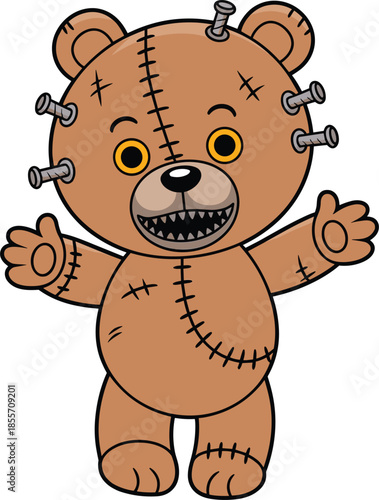 Scary stitched teddy bear doll with screws in head and body, creepy voodoo plush toy vector illustration for Halloween horror cute cartoon design