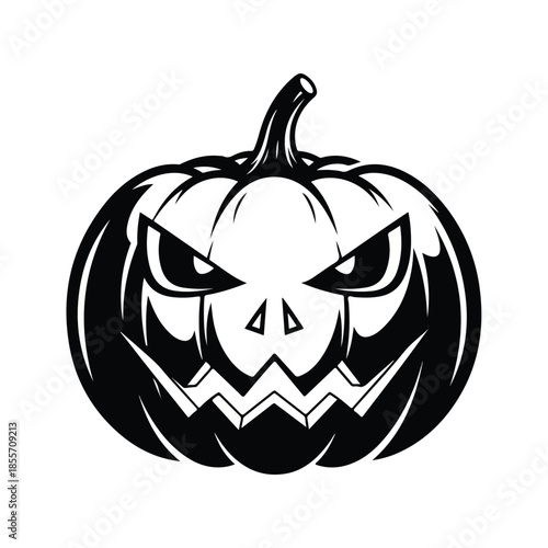 A black and white illustration of a jack-o-lantern with a skull design, presented on a plain white background. Perfect for Halloween decorations, party invitations, and spooky designs.