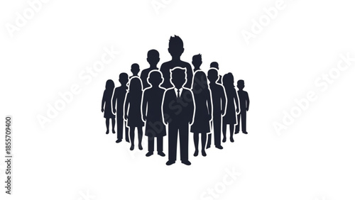 A group of people standing together in a circle, interacting and gathering in a social setting, viewed from above, illustrated in a simple graphic style