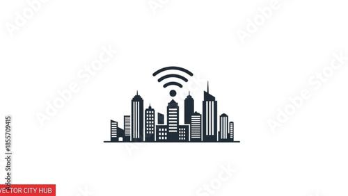 Cityscape illustration with wireless connectivity symbol above the urban landscape